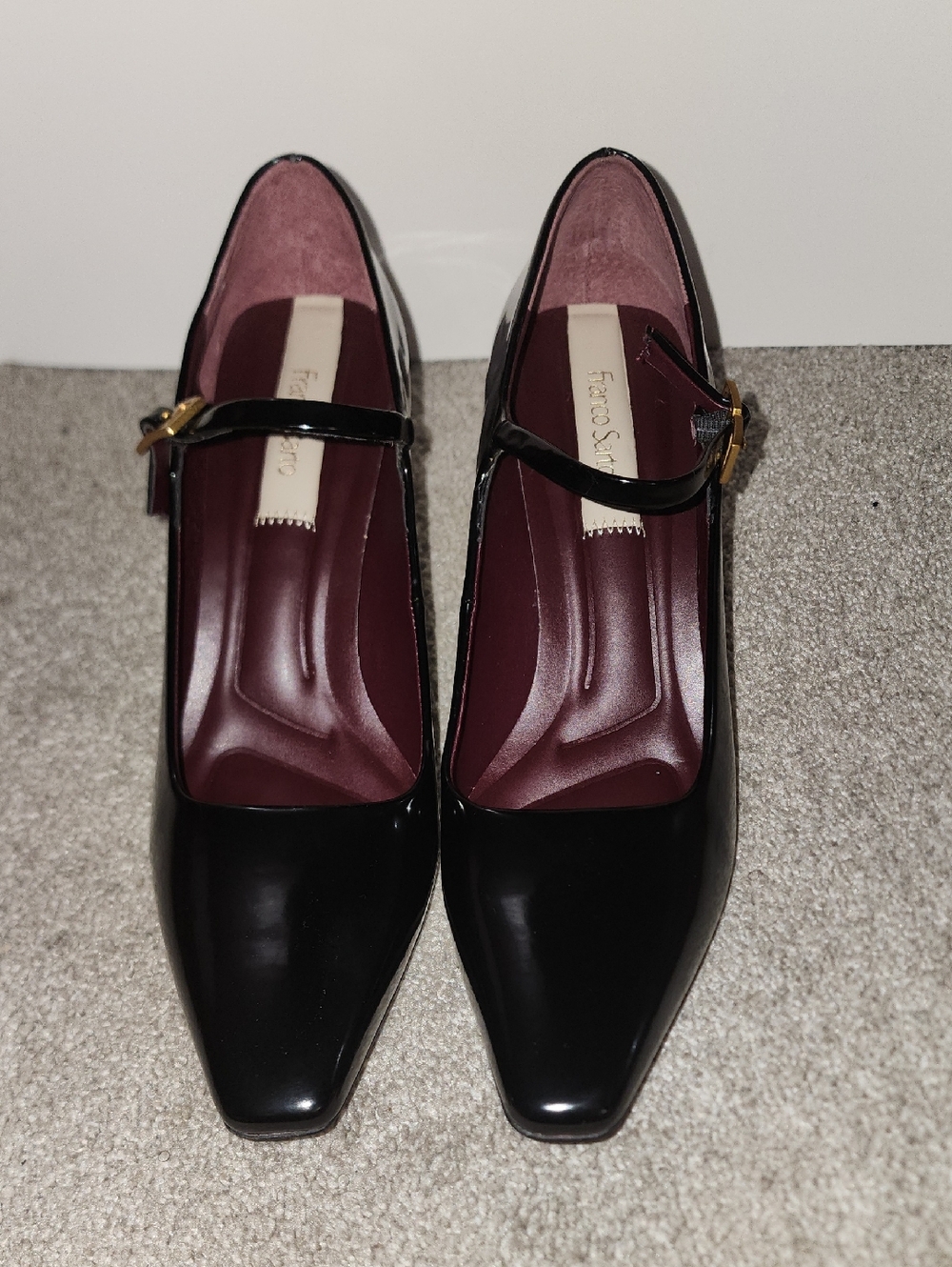 Franco Sarto Black Patent Mary Jane Pumps with Gold Buckle